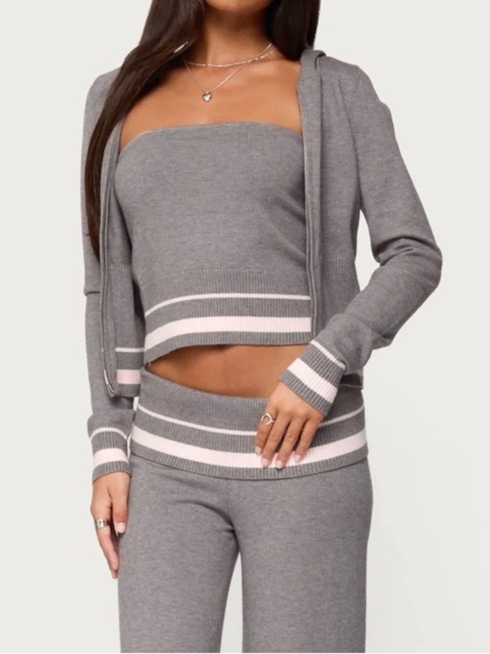 Edikted Gray & Pink Stripe cardigan and tube top set